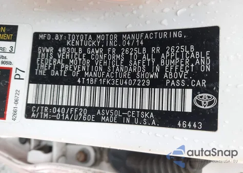 2014 Toyota Camry Se z USA, uszkodzony, nr VIN 4T1BF1FK3EU407229